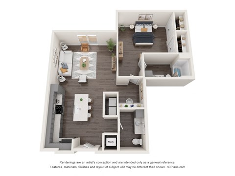 a stylized 3d floor plan with a bedroom and a living room
